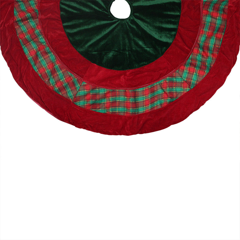 48" Christmas Traditions, Red and Woven Plaid and Velveteen Christmas Tree Skirt