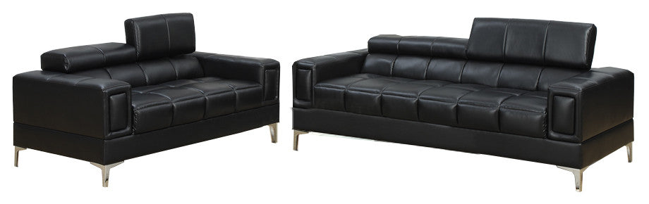 Benzara BM167238 Leather 2 Piece Sofa Set With Foldable Headrests, Black