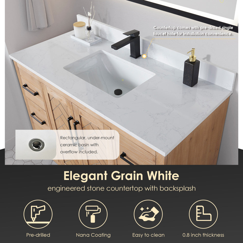 Anais Vanity Grain White Engineered Stone Countertop, Light Brown, 48", No Mirror
