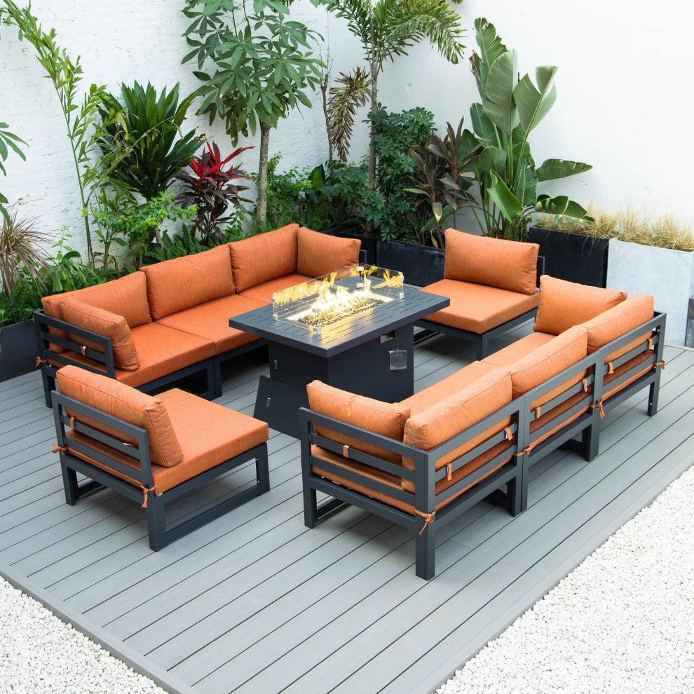 LeisureMod Chelsea 9-Piece Patio Sectional With Fire Pit Table, Orange