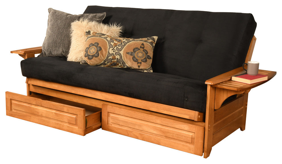Mesa Frame Futon With Butternut Finish, Storage Drawers, Suede Black