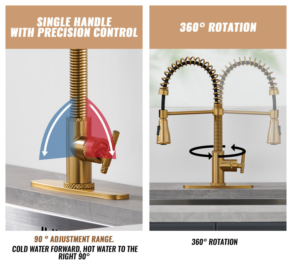Single Handle Kitchen Faucet Pull-Down Sprayer, 360 Swivel, Three Functions, Brushed Gold