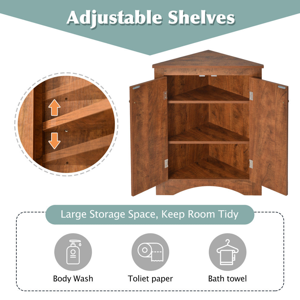 32" Wood 2-door Bath Corner Cabinet, Adjustable Shelves, Brown