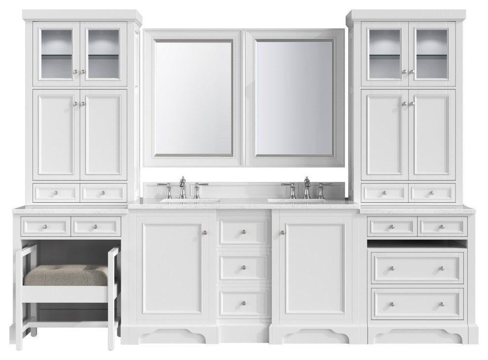 De Soto 120" Bright White Double Vanity Suite, 3cm Jasmine Pearl Top