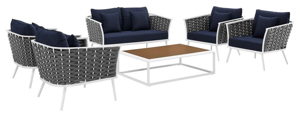 Stance 6 Piece Outdoor Patio Aluminum Sectional Sofa Set, White Navy