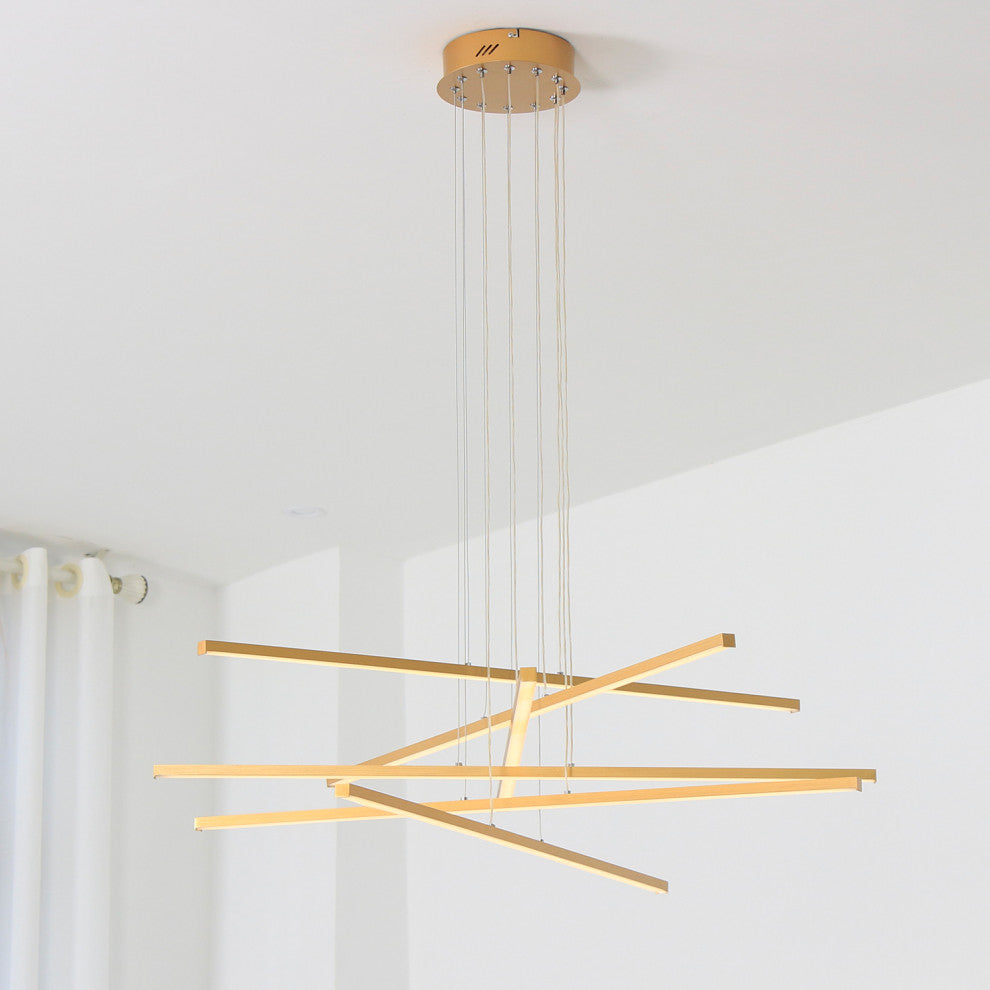 LED Modern Line Pendant Light Dimming, Remote, Aluminum Light, Gold, 6 Lights