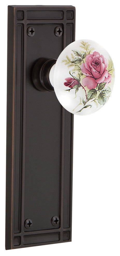 Mission Plate Privacy White Rose Porcelain Knob, Timeless Bronze