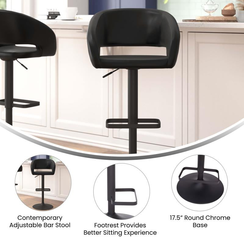 Erik Contemporary Vinyl Adjustable Height Barstool with Rounded Mid-Back, Black