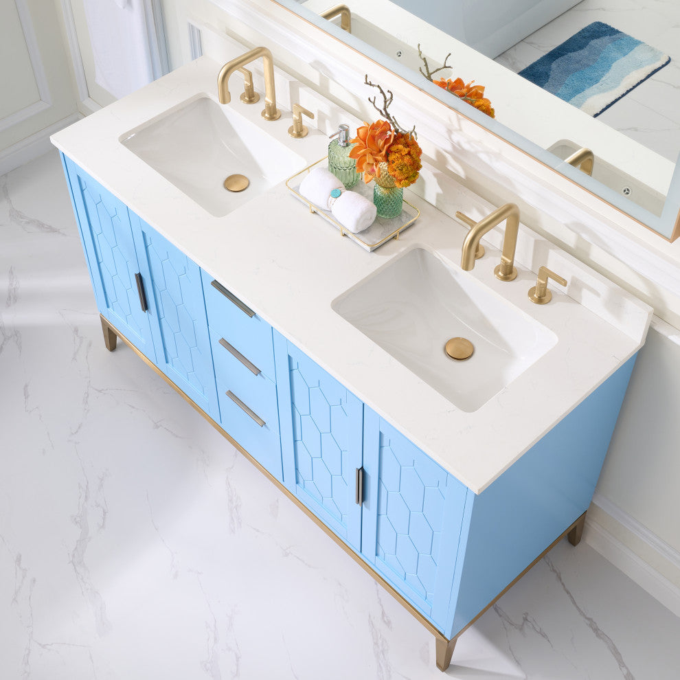 Alison Freestanding Bathroom Vanity with Italian Carrara White Marble Top, Light Blue, 60"