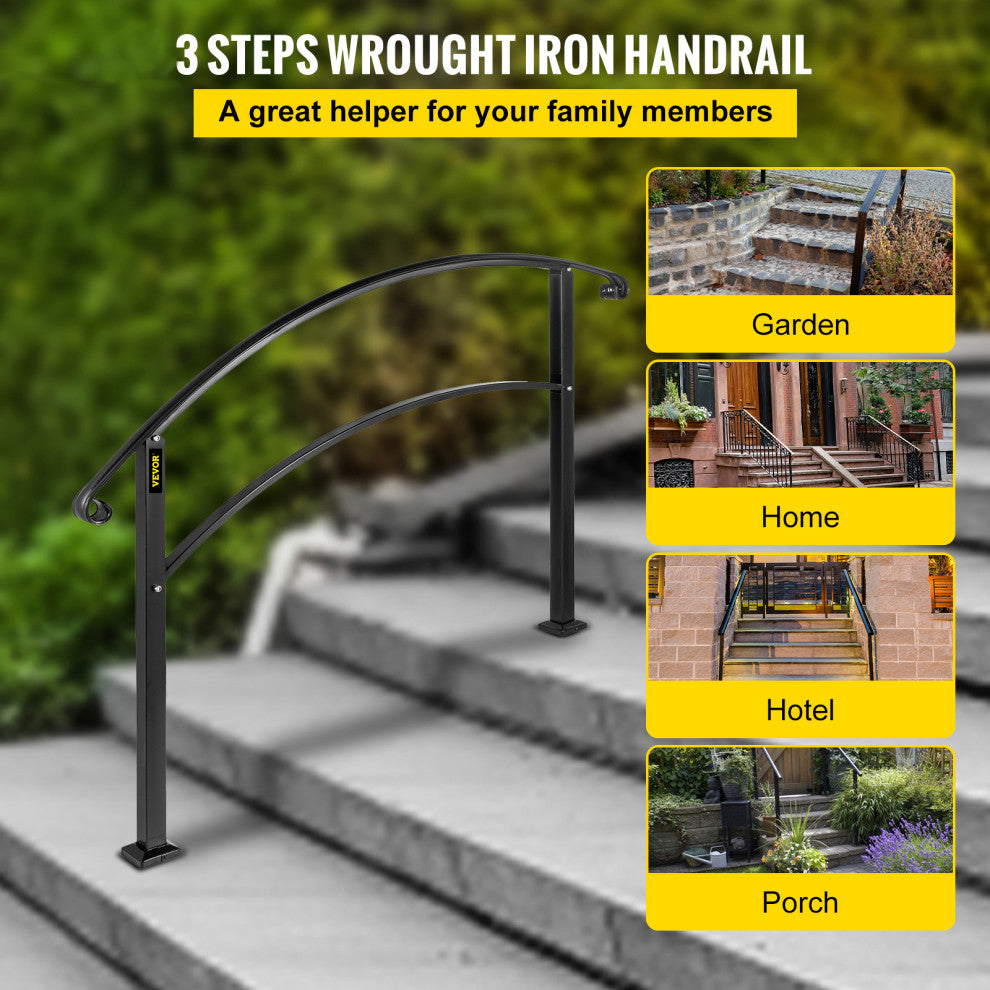 VEVOR Handrails for Outdoor Steps 1 to 3 Steps Stair Railing, Black, 3 Ft