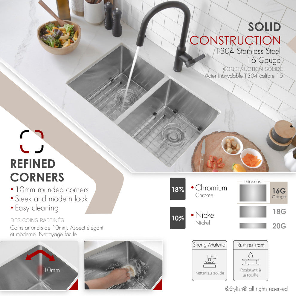 STYLISH 28"L x 18"W Undermount Kitchen Sink Double Bowl with Grids and Strainers