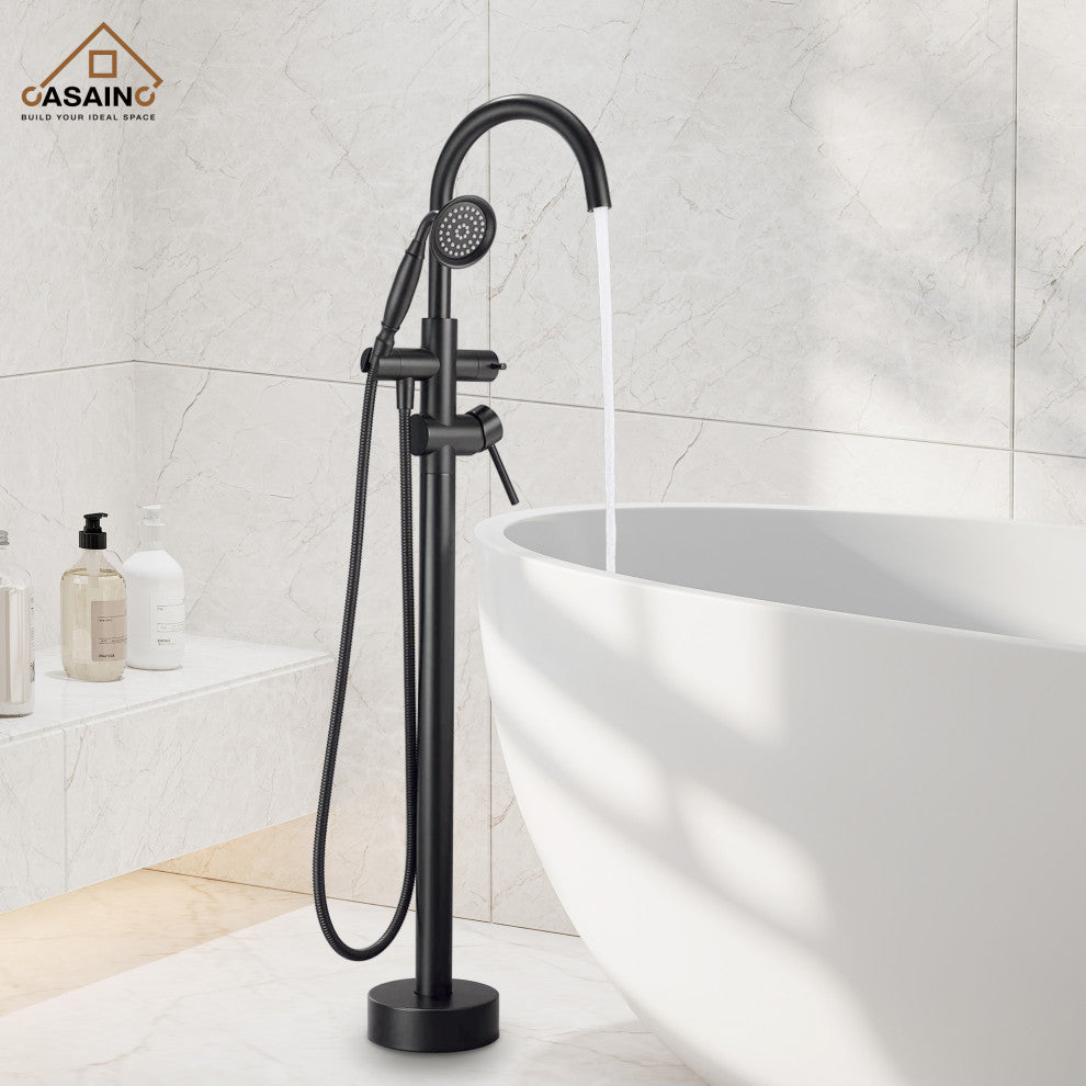 6 GPM Freestanding Bathtub Faucet with Hand Held Shower and Double Handle, Matte Black
