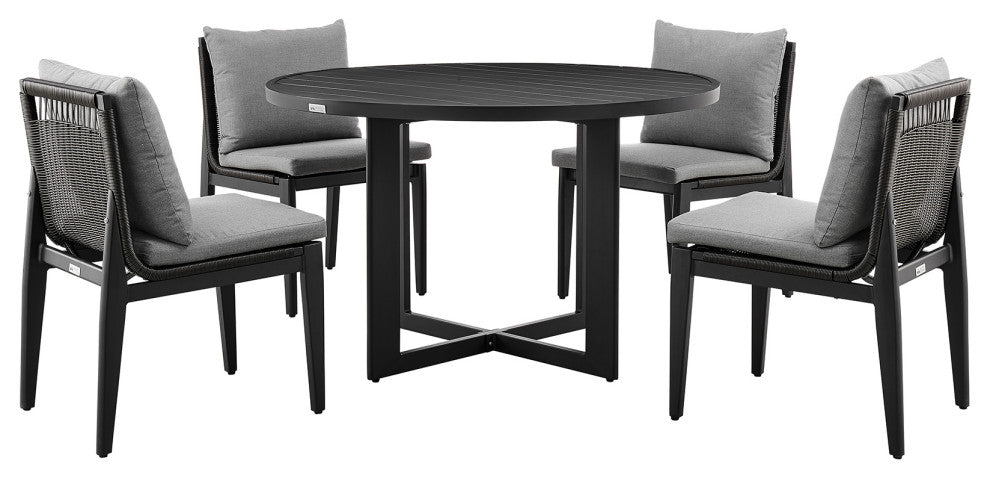 Cayman Outdoor  5-Piece Round Dining Table Set, Aluminum With Gray Cushions