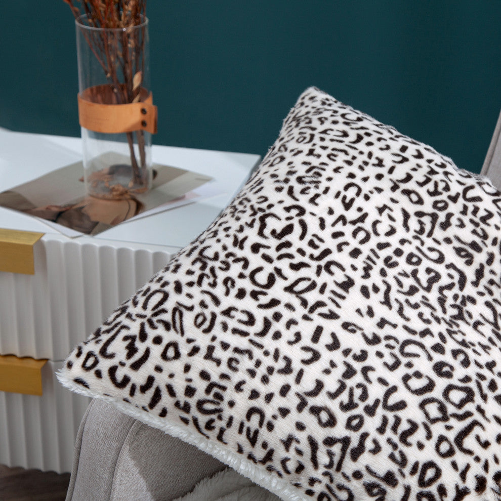 Cow Printed Faux Fur Pillow Shell 2 Piece Set, Snow Leopard