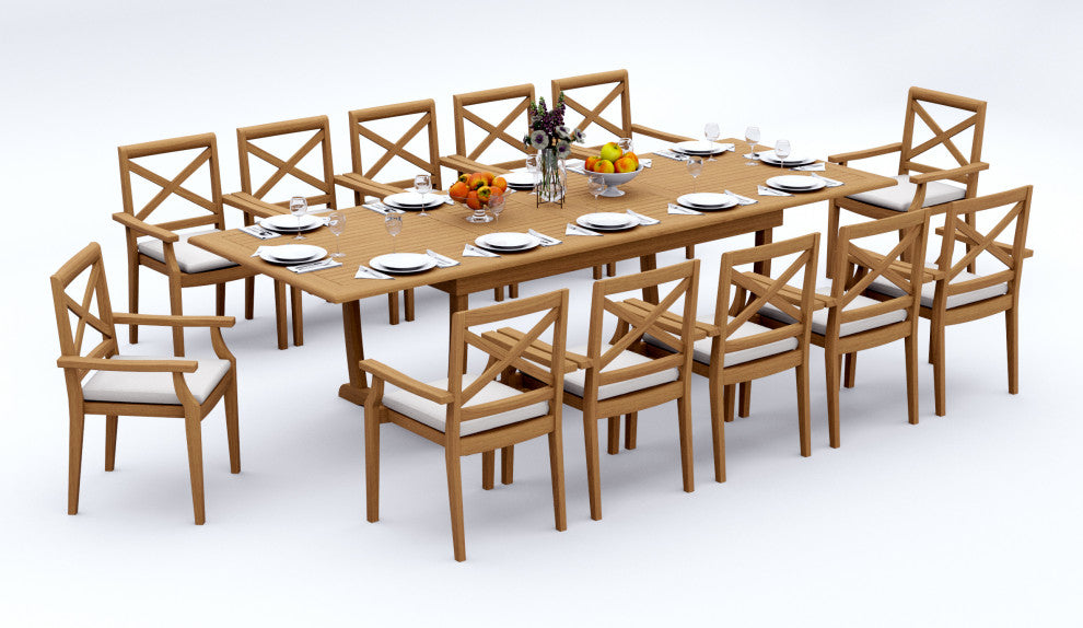13-Piece Outdoor Teak Dining: 117" Masc Rectangle Table, 12 Grand Stacking Chair