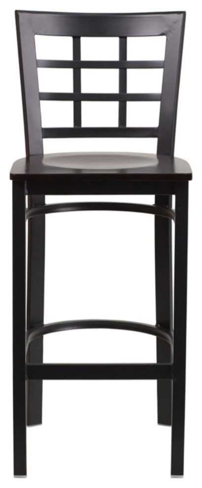 Hercules Series Black Window Back Metal Restaurant Barstool, Walnut Wood Seat
