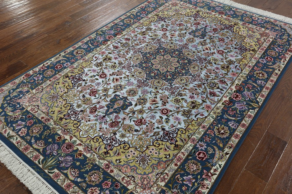 Super Fine Silk Signed Authentic Persian Isfahan Area Rug, 5'x8'