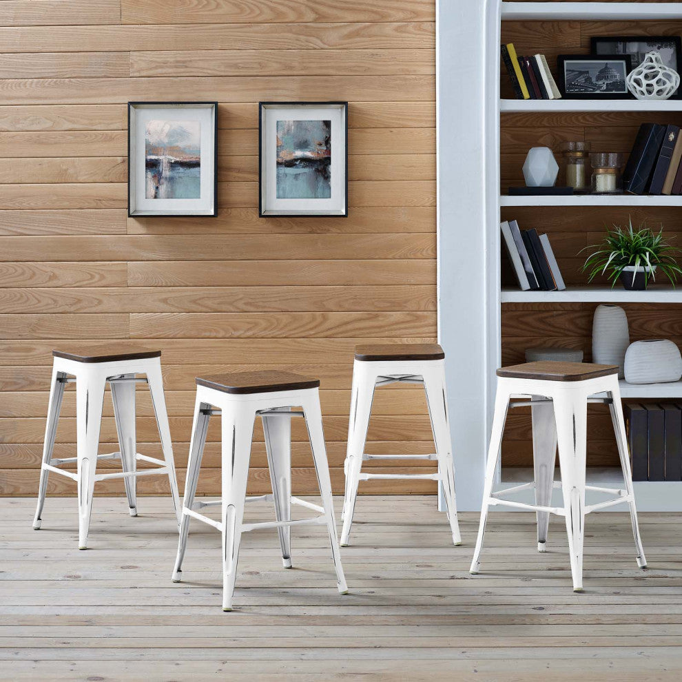 Counter Stool Chair, Set of 4, Wood, Metal, White, Modern, Bar Pub Restaurant