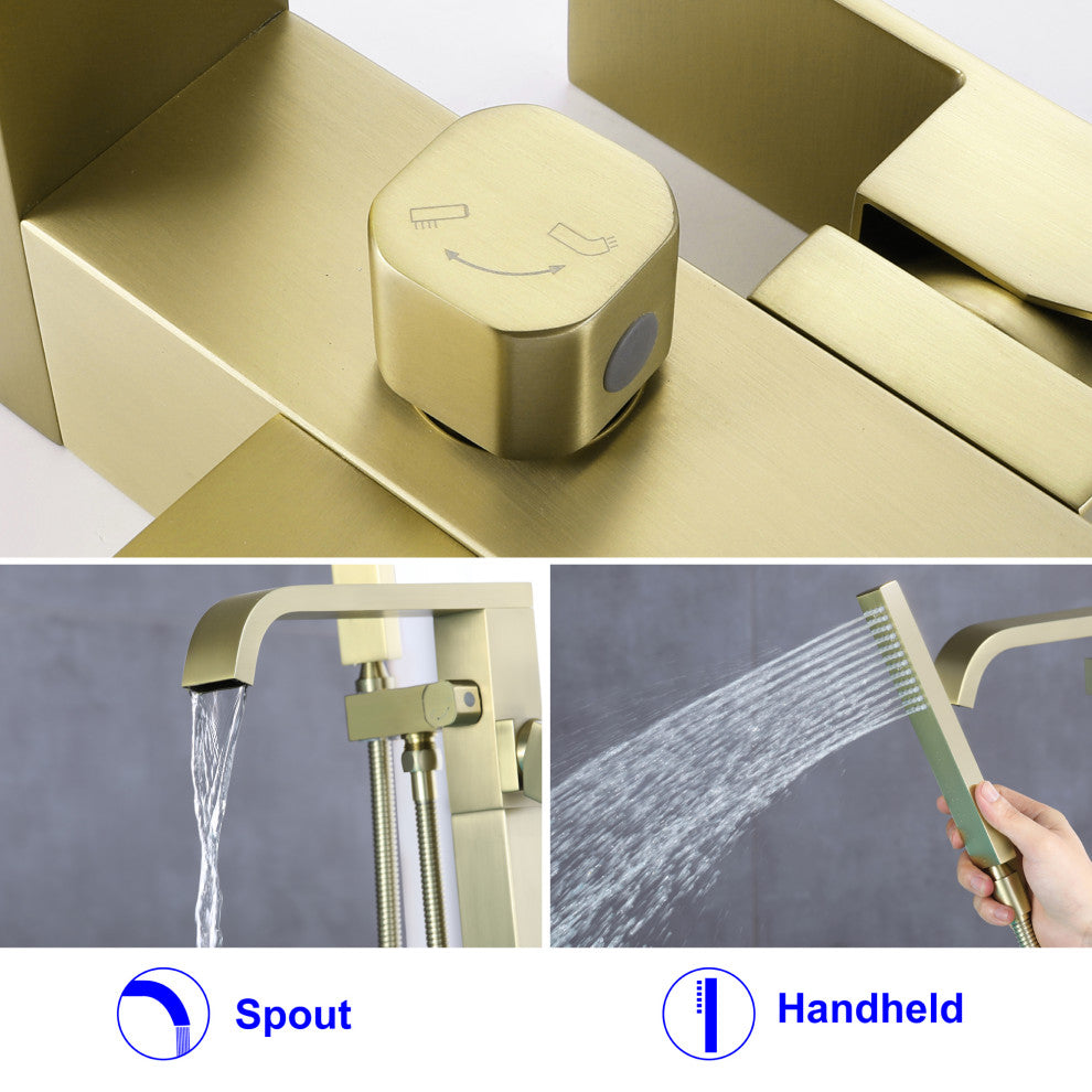 Wellfor Waterfall Bathroom Tub Faucet With Hand Held Shower, Brushed Gold