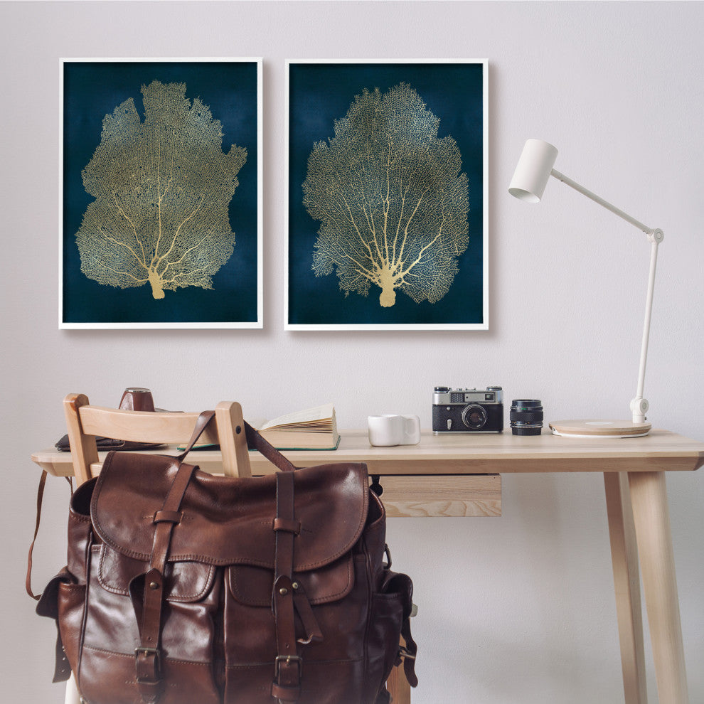 Modern Sea Fan Composition Blue Gold Ocean Plant,2pc, each 24 x  30