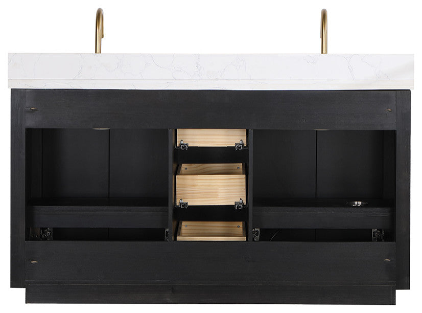 Vinnova Cadiz Bath Vanity, Composite Stone Top, Black, 60", No Mirror