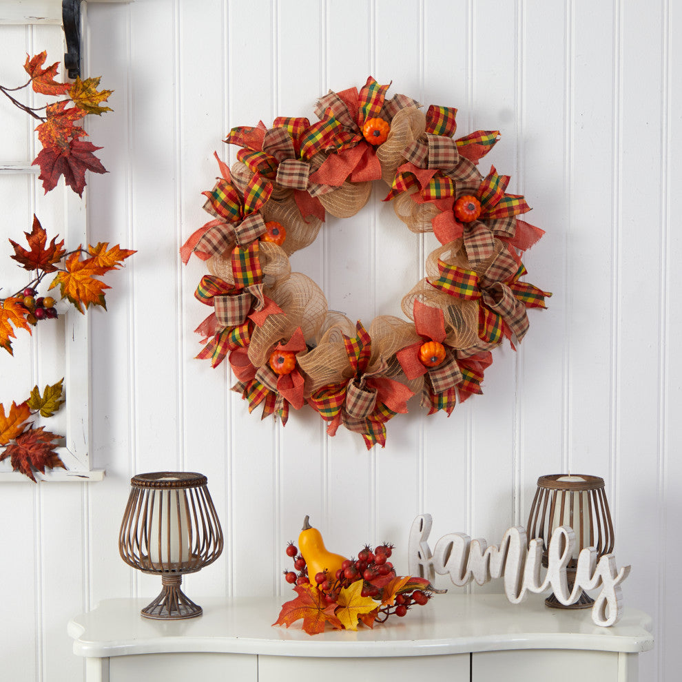 W1184 30 Autumn Pumpkin With Decorative Bows Artificial Fall Wreath