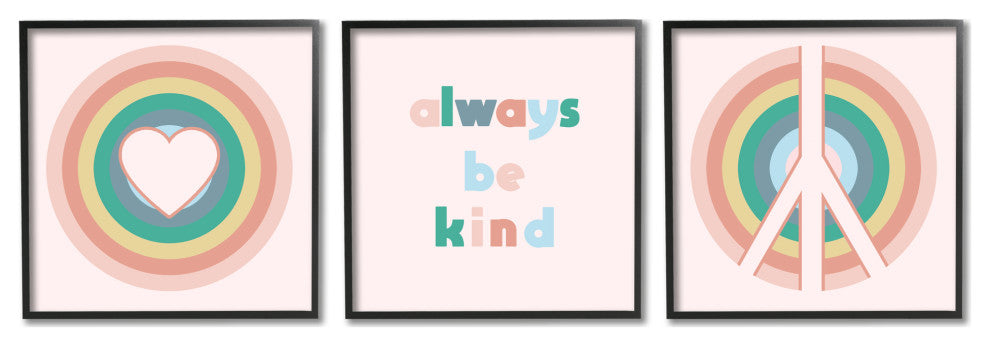 Cute Always Be Kind Quote Rainbow Peace Sign, 3pc, each 12 x 12