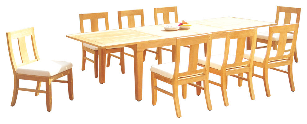 9-Piece Outdoor Teak Dining Set: 122" Ext Rectangle Table, 8 Osbo Armless Chairs