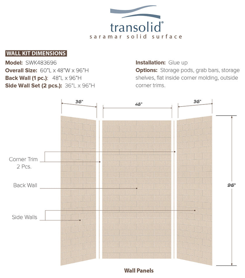 Transolid SaraMar 36" X 48" X 96" Glue to Wall 3-Piece Shower Wall Kit, Cashew