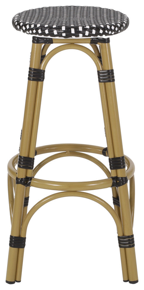 Dohney Outdoor French Aluminum 29.5" Barstools, Set of 4, Black/White/Bamboo Finish