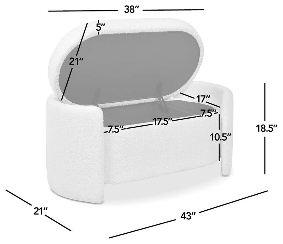 Fuji 43" Upholstered Oval Storage Bench, Ivory White Boucle