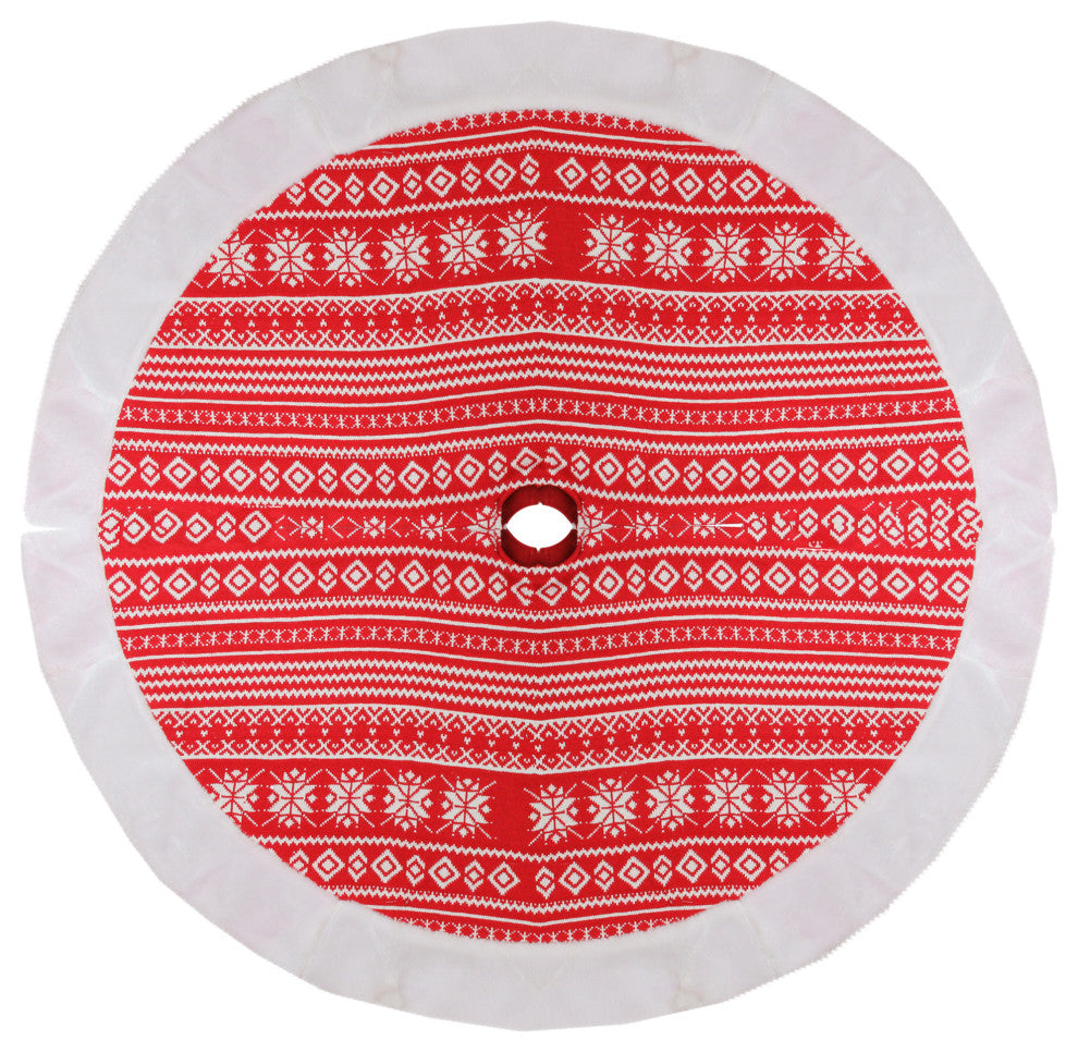 48" Red and White Knitted Snowflake Christmas Tree Skirt With Faux Fur Trim