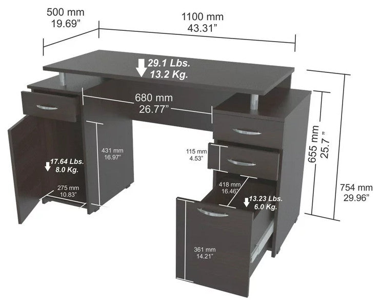 Modern Desk, Double Pedestal Design With Drawers & Floating Worktop, Chocolate