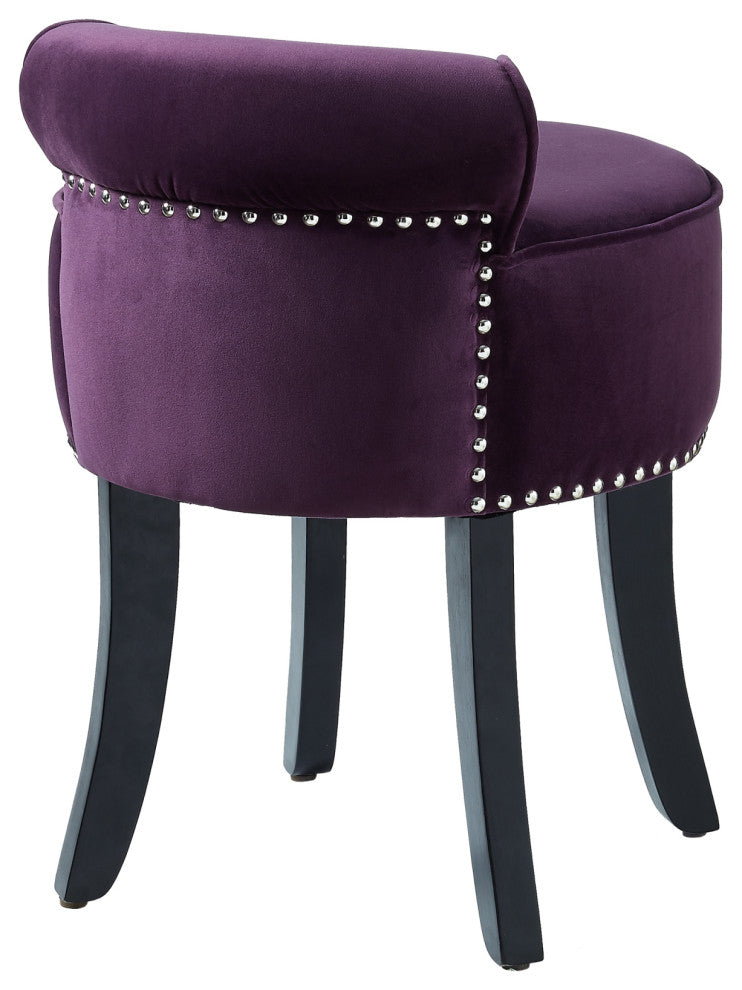 Ludovic Velvet Contemporary Nailhead Trim Rolled Back Vanity Stool, Purple