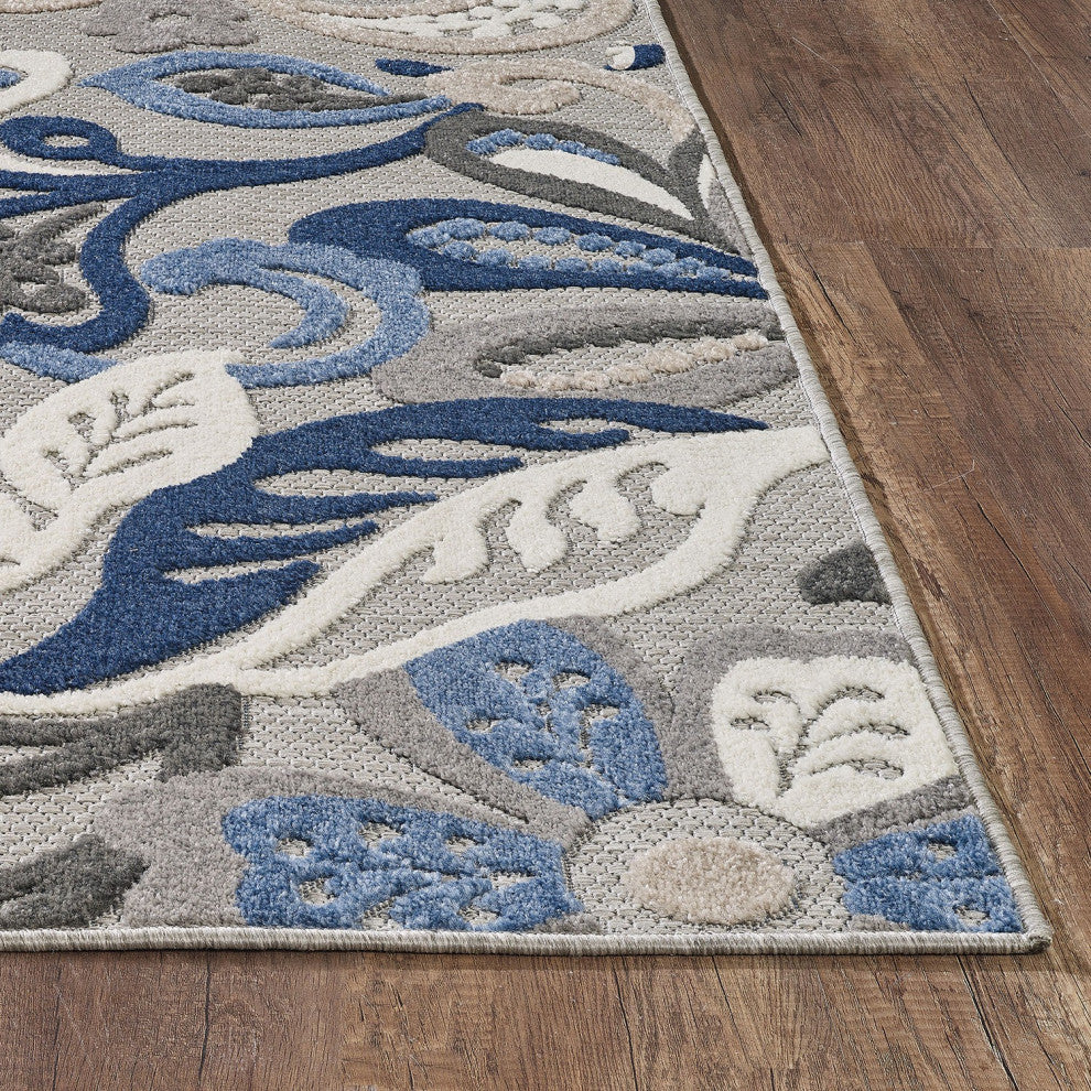 5"x7" Blue Gray Jacobean Floral Indoor Outdoor Area Rug