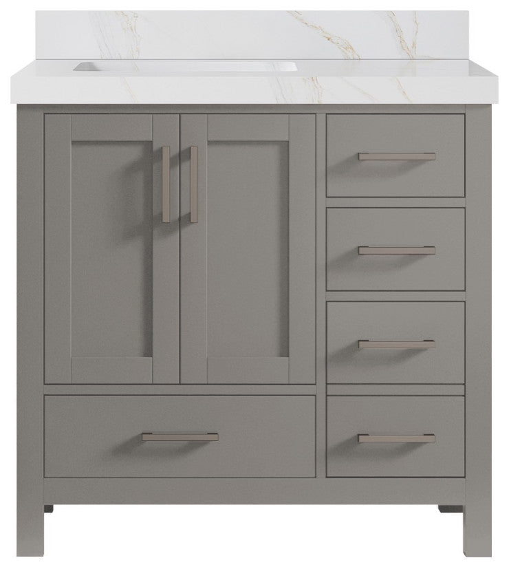 Malibu 36 Left Offset Bath Vanity in Elephant Skin Gray 2" Calacatta Sienna