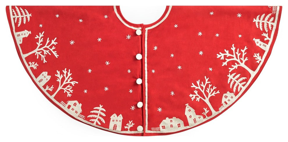 Handmade Christmas Tree Skirt in Cotton - Village Scene on Red - 60"