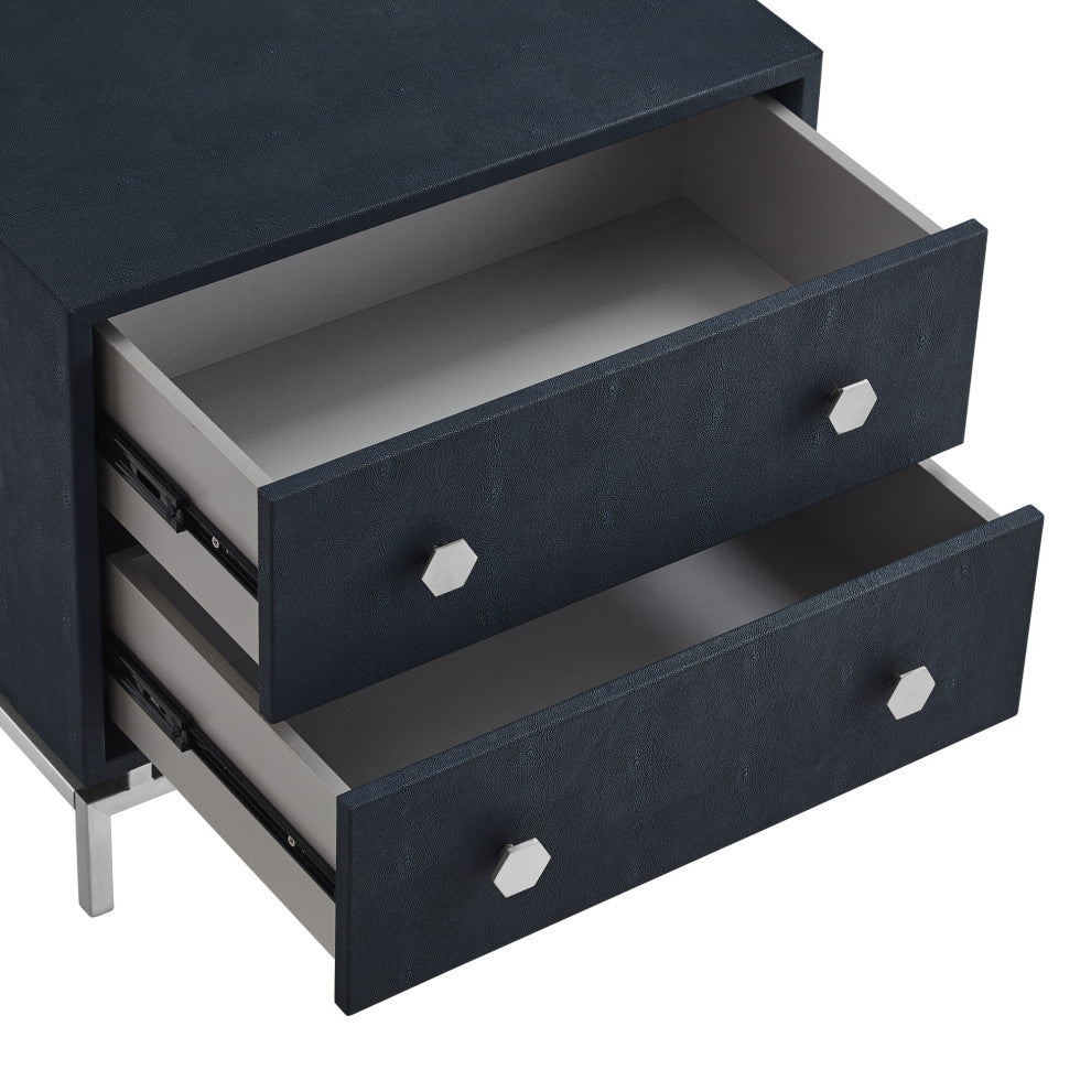 Nicole Miller Aharon Side Table, 2 Drawers, Faux Shagreen, Navy/Chrome