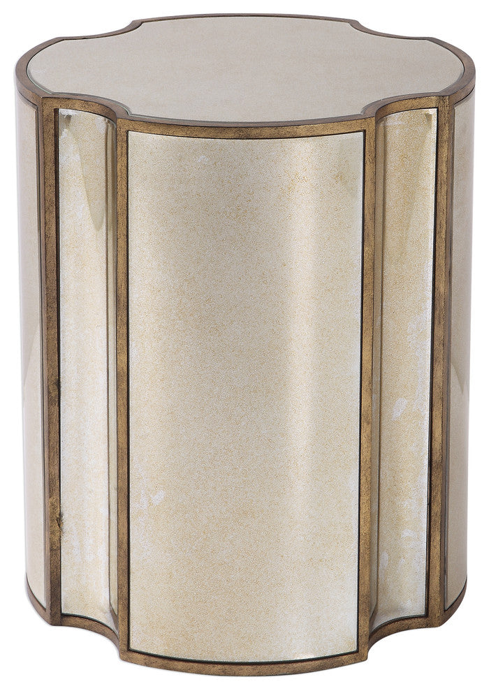Mirrored Quatrefoil Shaped Accent Table | Round Geometric Gold Vintage Style