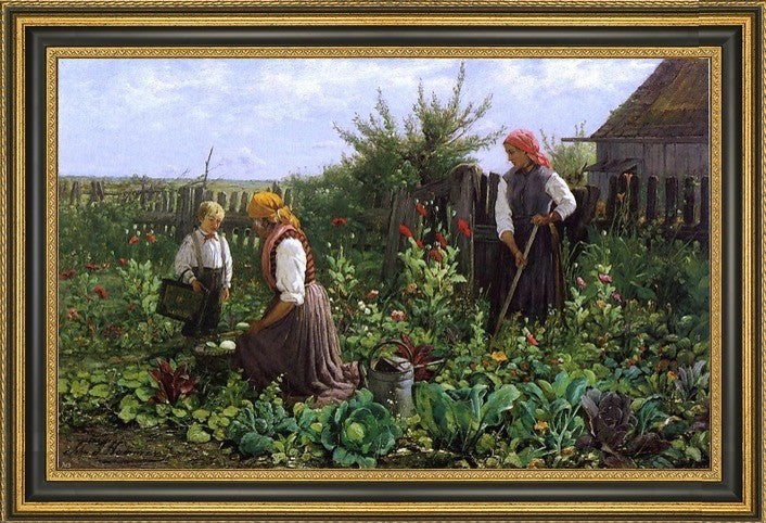 John J Hammer Tending The Garden  Framed Premium Canvas Print, 18"x27"