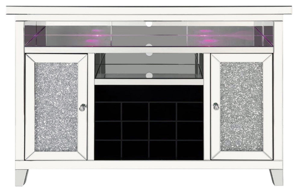 Benzara BM269546 Mirrored Wine Cabinet With 2 Doors and LED Lights, Silver