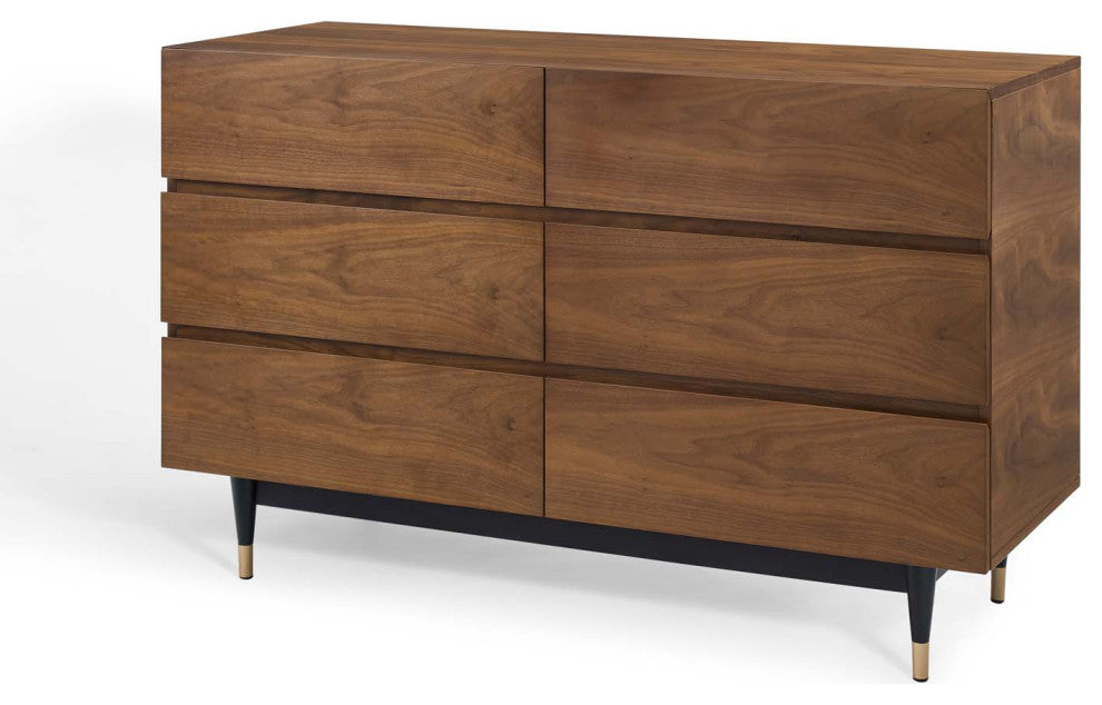 Dresser Drawer Chest Mirror Set, Wood, Brown Walnut, Modern Living Room