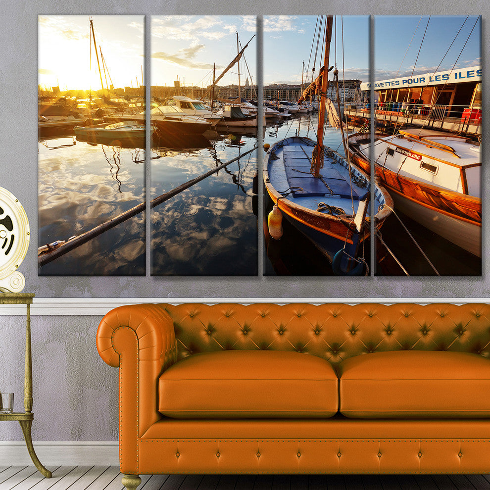 Yachts at Sea Port of Marseille, Boat Canvas Art Print, 48"x28", 4 Panels