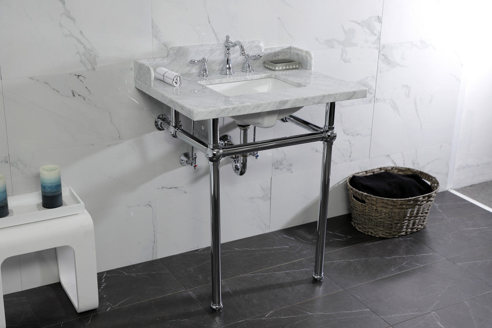 Kingston Brass LMS30MBSQ1 30" Carrara Marble Console Sink, Legs