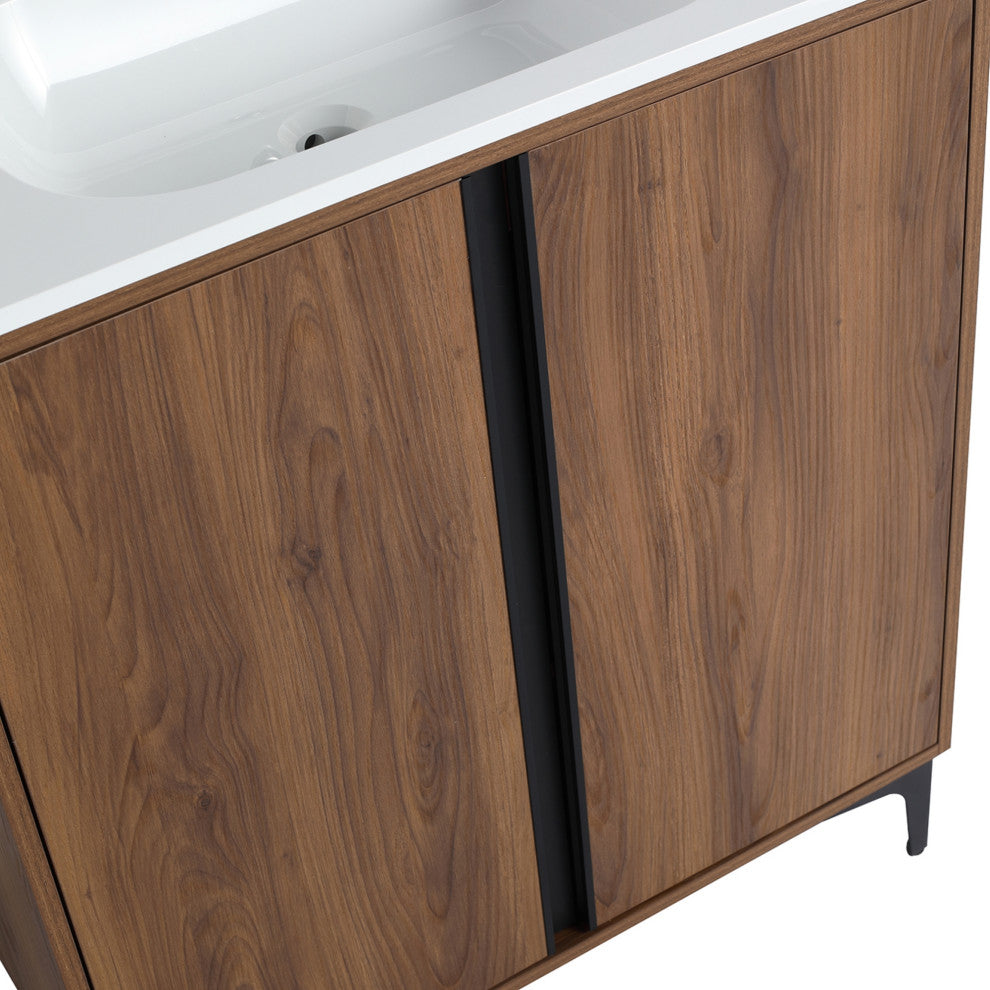 Single Vanity, Brown Walnut Finish With Solid Surface Resin White Sink, 30"