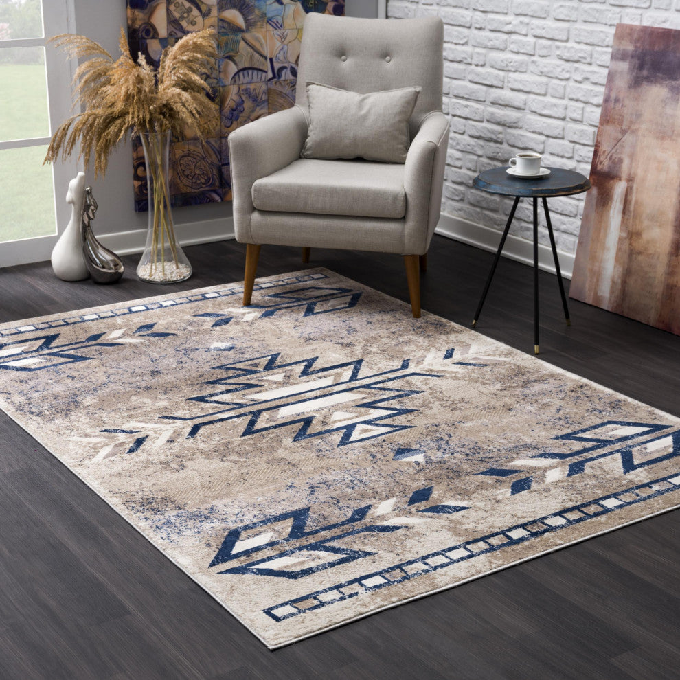 8"x11" Beige and Blue Boho Chic Area Rug