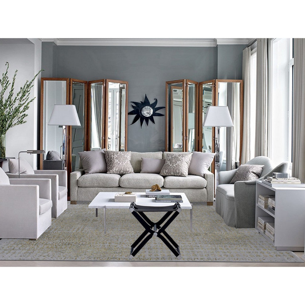 Silk Gray, Broken Mamluk Design, Hand Loomed, Wool and Silk Rug, 9'10"x14'