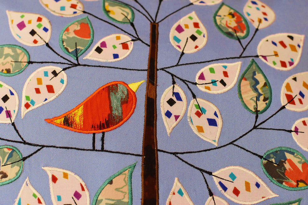 Bleu de France Tree of Life Bird Decorative Pillow Cover Cotton Applique 18x18"