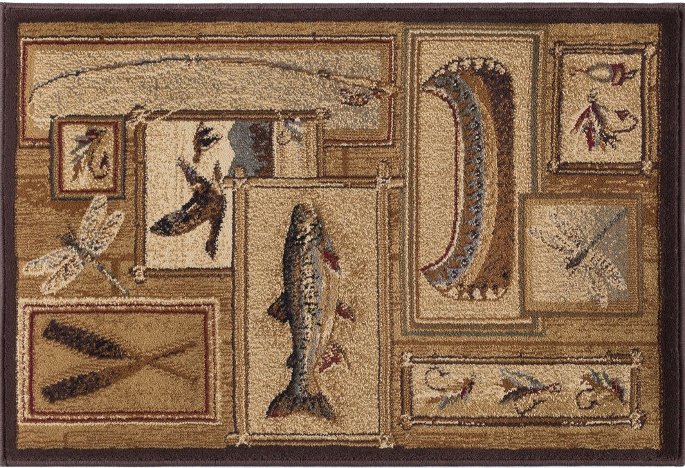 Trout Fishing Novelty Lodge Pattern Ivory Scatter Mat Rug, 2''x3''