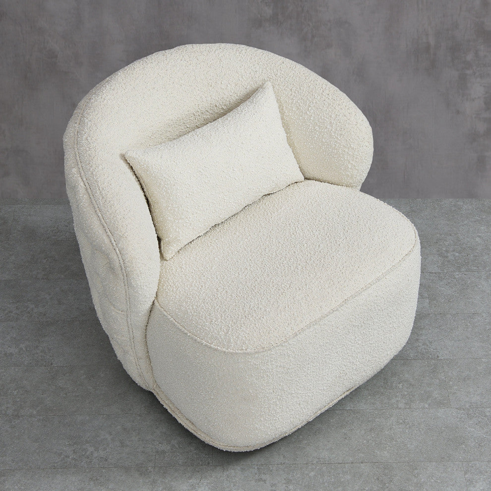 Upholstered Tufted Boucle Swivel Barrel Chair, Ivory, 30'''' H X 33'''' W X 30'''' D